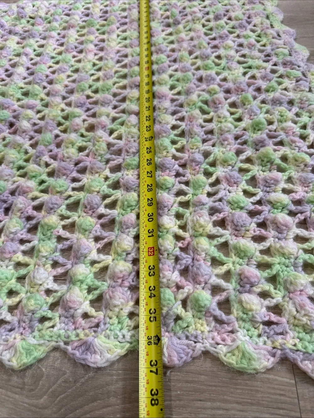 Crocheted Baby Blanket Handmade Soft Pastel Colors Purple Pink Green 37